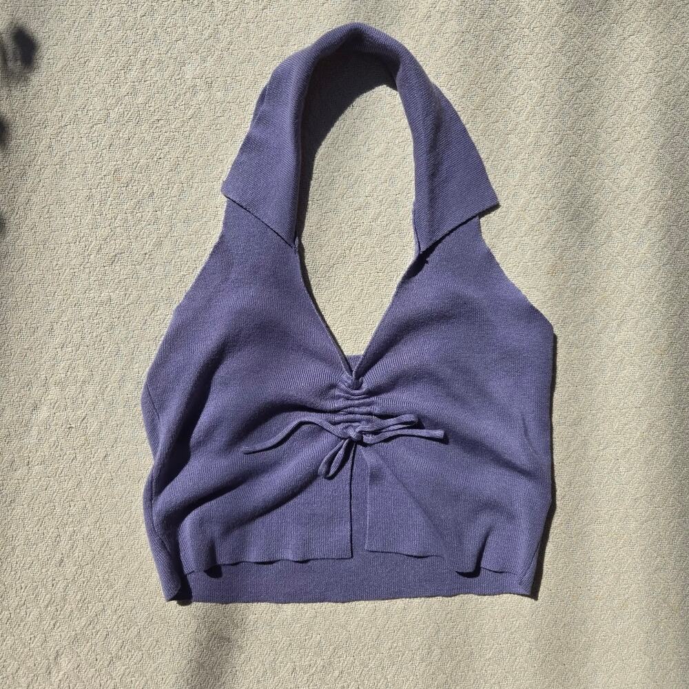 purple collared knit halter crop top y2k size m ♡